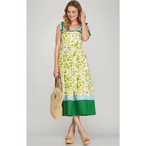 She + Sky Print Tie Tube Midi Dress Lime Size Large